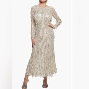 GUESS Elodie Sequin Fringe Long Sleeve MIDI Dress